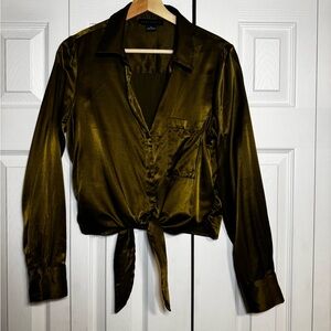 Sanctuary Olive Satin Tie-Front Blouse